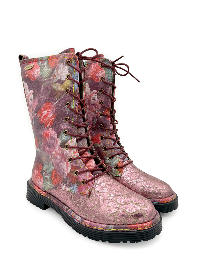 Long shaft boots Incaso 18, pink shiny leather, floral patterns
