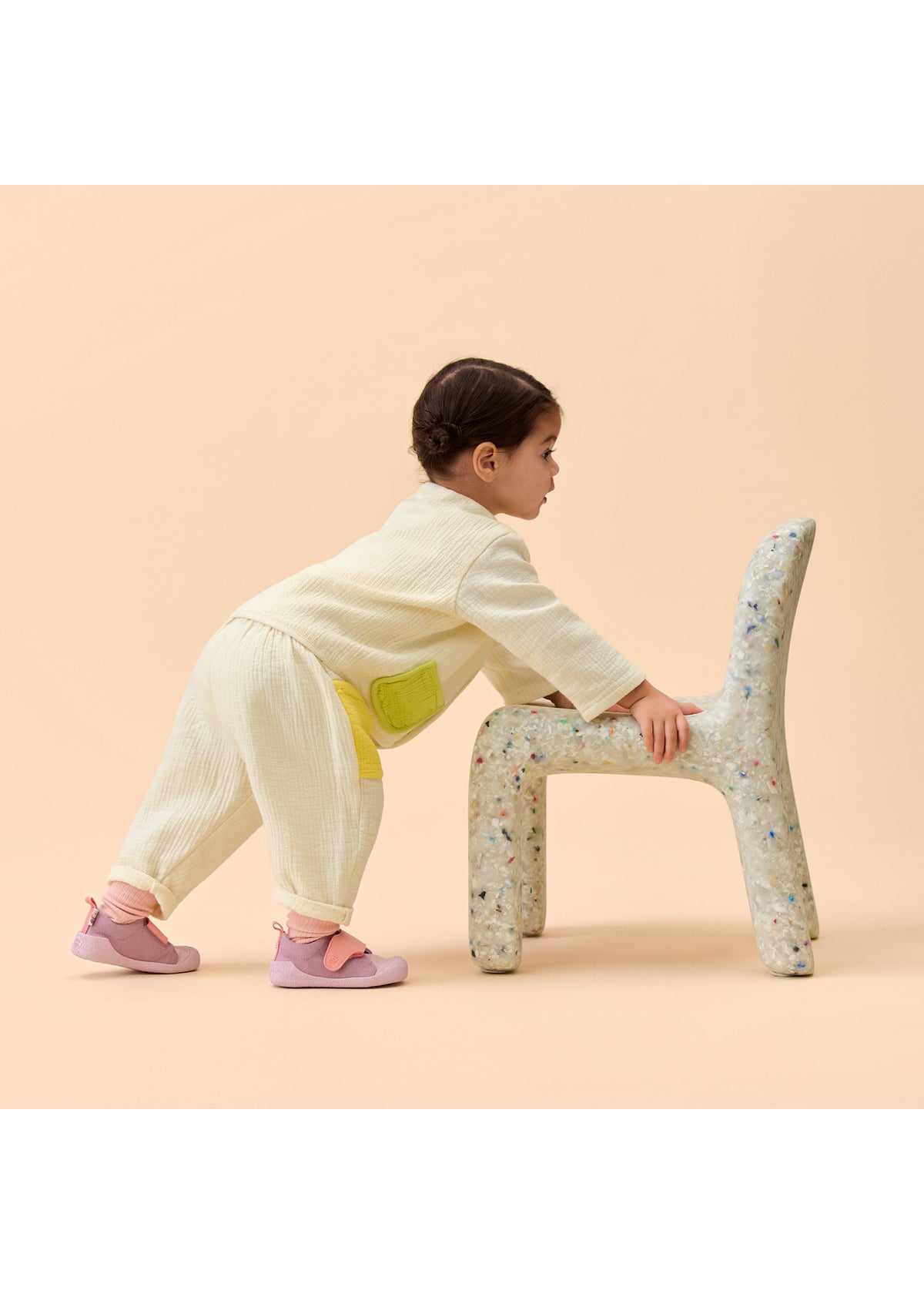 Children's Rhino first walking shoes - Prewalker Cotton Smally, green-beige fabric, yellow velcro straps