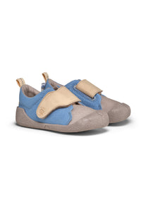 Children's Rhino first walking shoes - Prewalker Cotton Smally, green-beige fabric, yellow velcro straps