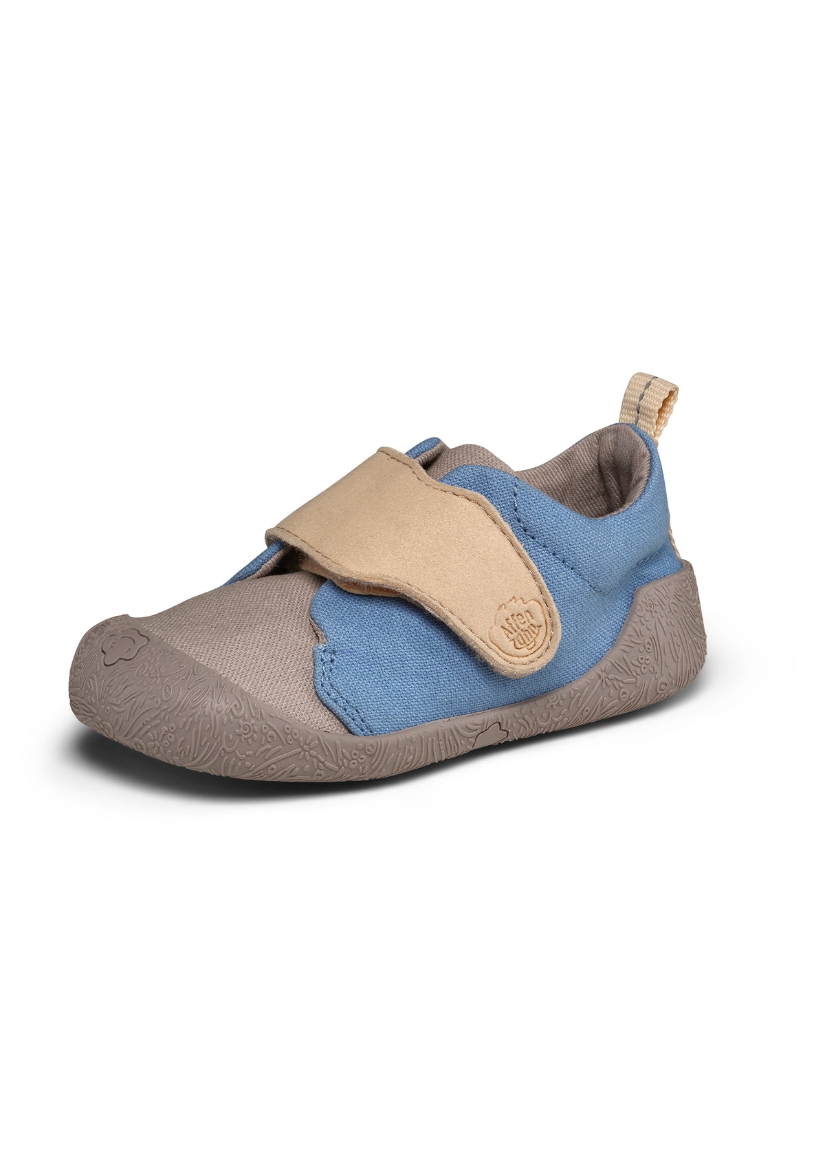 Children's Rhino first walking shoes - Prewalker Cotton Smally, green-beige fabric, yellow velcro straps