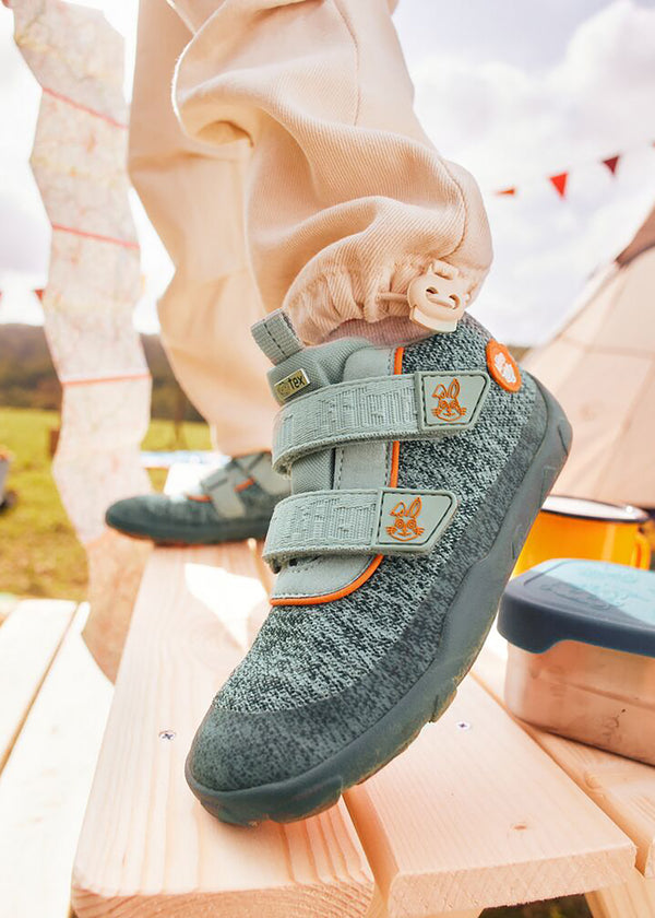 Children's barefoot shoes - Happy Knit Bunny, transitional shoes with TEX membrane - green, orange