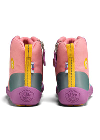 Children's barefoot shoes - Mid Boot Vegan Discovy, winter shoes with TEX membrane - Owl, pink-purple-turquoise