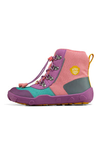 Children's barefoot shoes - Mid Boot Vegan Discovy, winter shoes with TEX membrane - Owl, pink-purple-turquoise
