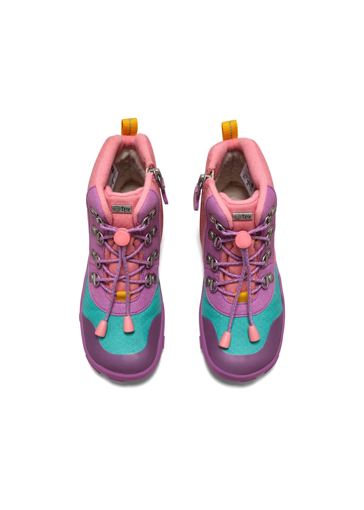 Children's barefoot shoes - Mid Boot Vegan Discovy, winter shoes with TEX membrane - Owl, pink-purple-turquoise