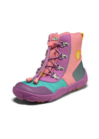 Children's barefoot shoes - Mid Boot Vegan Discovy, winter shoes with TEX membrane - Owl, pink-purple-turquoise