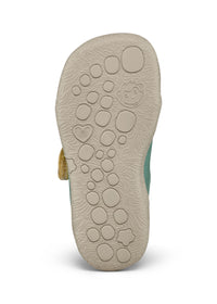 Barnens Rhino-första steg-skor - Prewalker Cotton Smally, grön-beige tyg, gula kardborreband