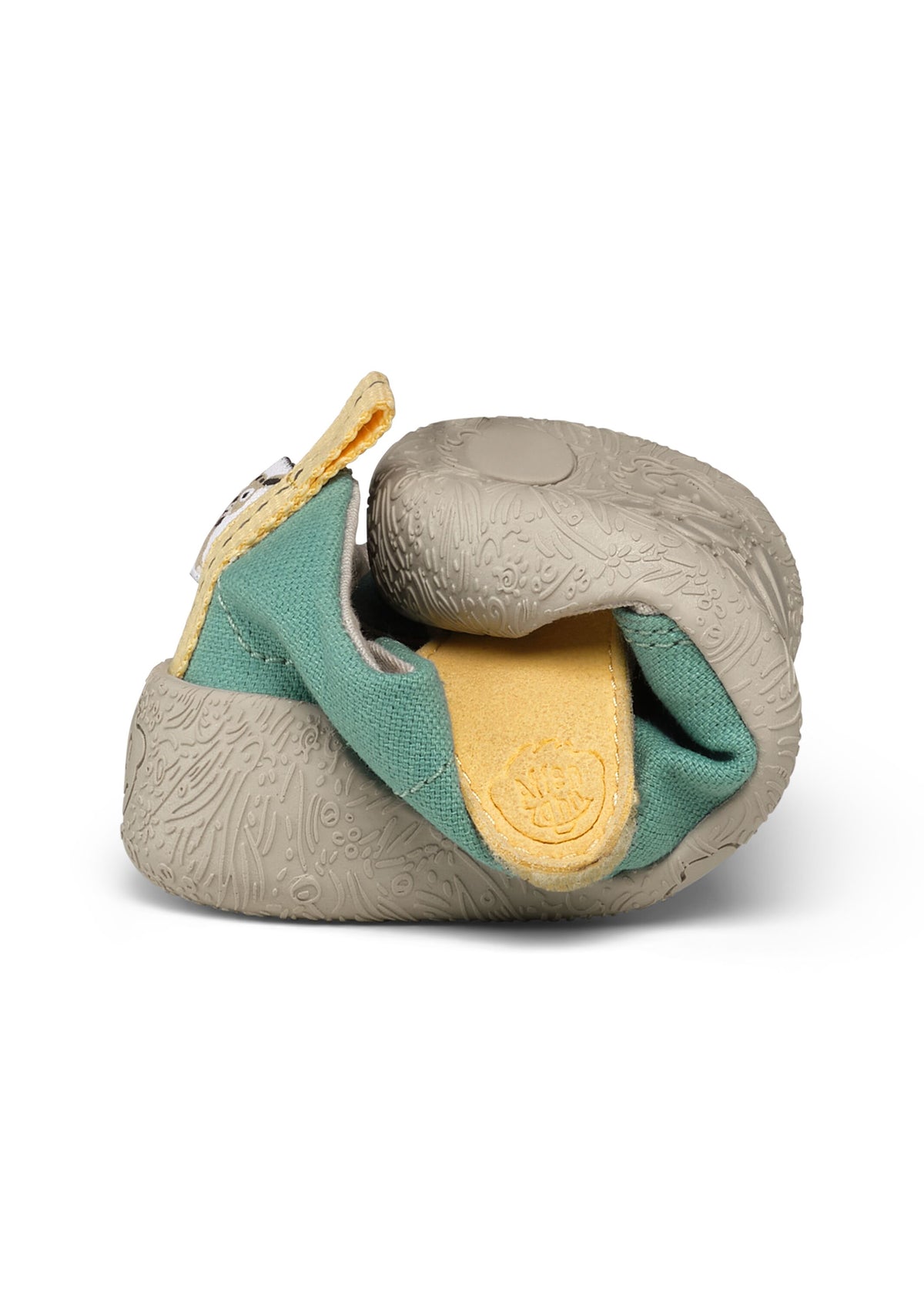 Barnens Rhino-första steg-skor - Prewalker Cotton Smally, grön-beige tyg, gula kardborreband