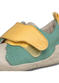 Barnens Rhino-första steg-skor - Prewalker Cotton Smally, grön-beige tyg, gula kardborreband