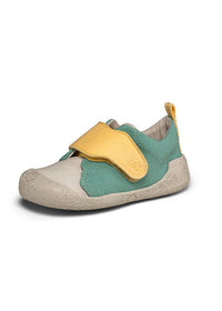 Barnens Rhino-första steg-skor - Prewalker Cotton Smally, grön-beige tyg, gula kardborreband