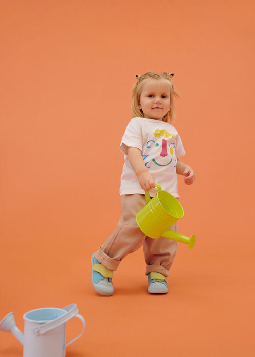 Lasten Rhino-ensiaskelkengät - Prewalker Cotton Smally, vihreä-beige kangas, keltaiset tarrat