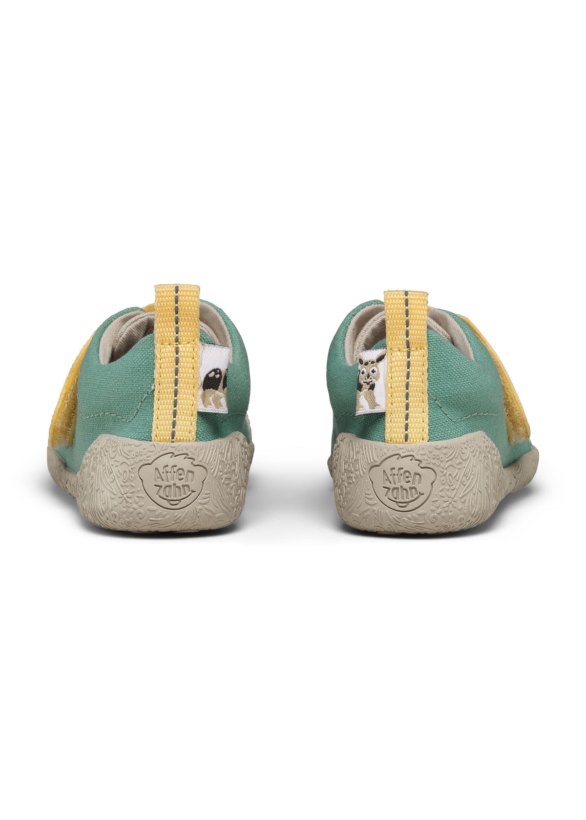 Barnens Rhino-första steg-skor - Prewalker Cotton Smally, grön-beige tyg, gula kardborreband