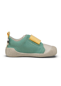 Barnens Rhino-första steg-skor - Prewalker Cotton Smally, grön-beige tyg, gula kardborreband