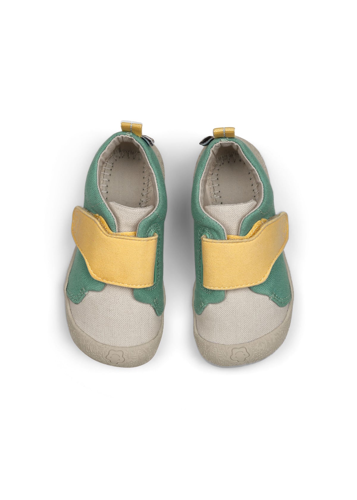 Barnens Rhino-första steg-skor - Prewalker Cotton Smally, grön-beige tyg, gula kardborreband