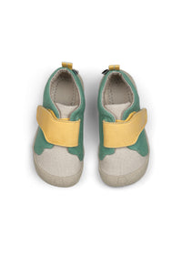 Barnens Rhino-första steg-skor - Prewalker Cotton Smally, grön-beige tyg, gula kardborreband