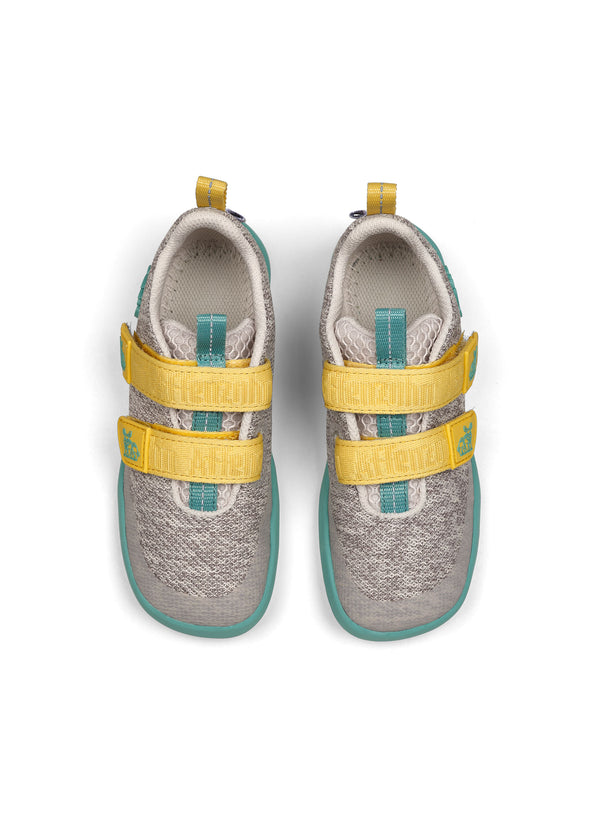 Barnens Rhino-paljasjalkasneakers - Sneaker Knit Happy, grå-grön-gul, vegansk