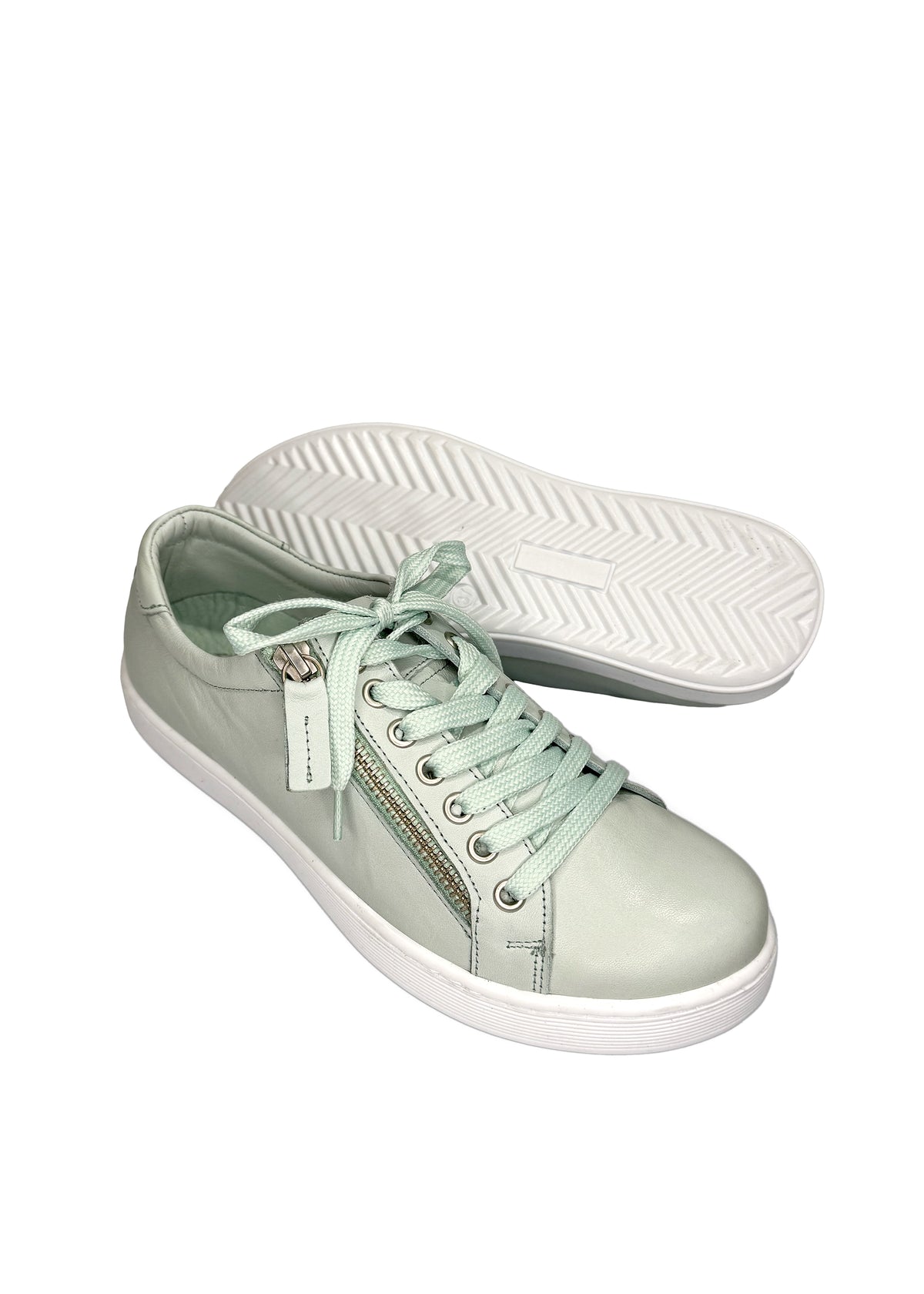 Matalavartiset tennarit - vaaleanvihreä nahka, vetoketju sivussa, leveä lesti