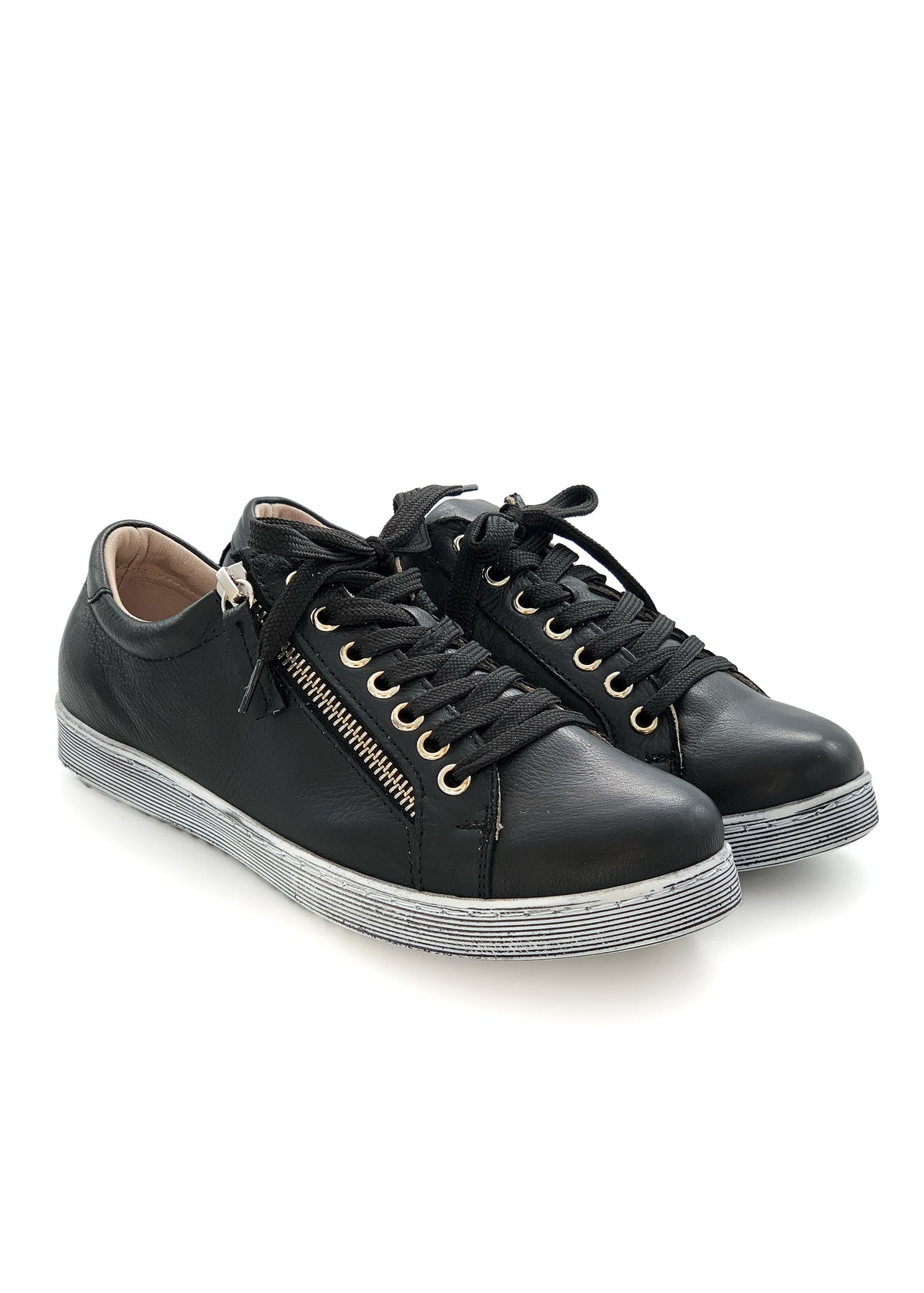 Low-top sneakers - black leather, zipper, wide last