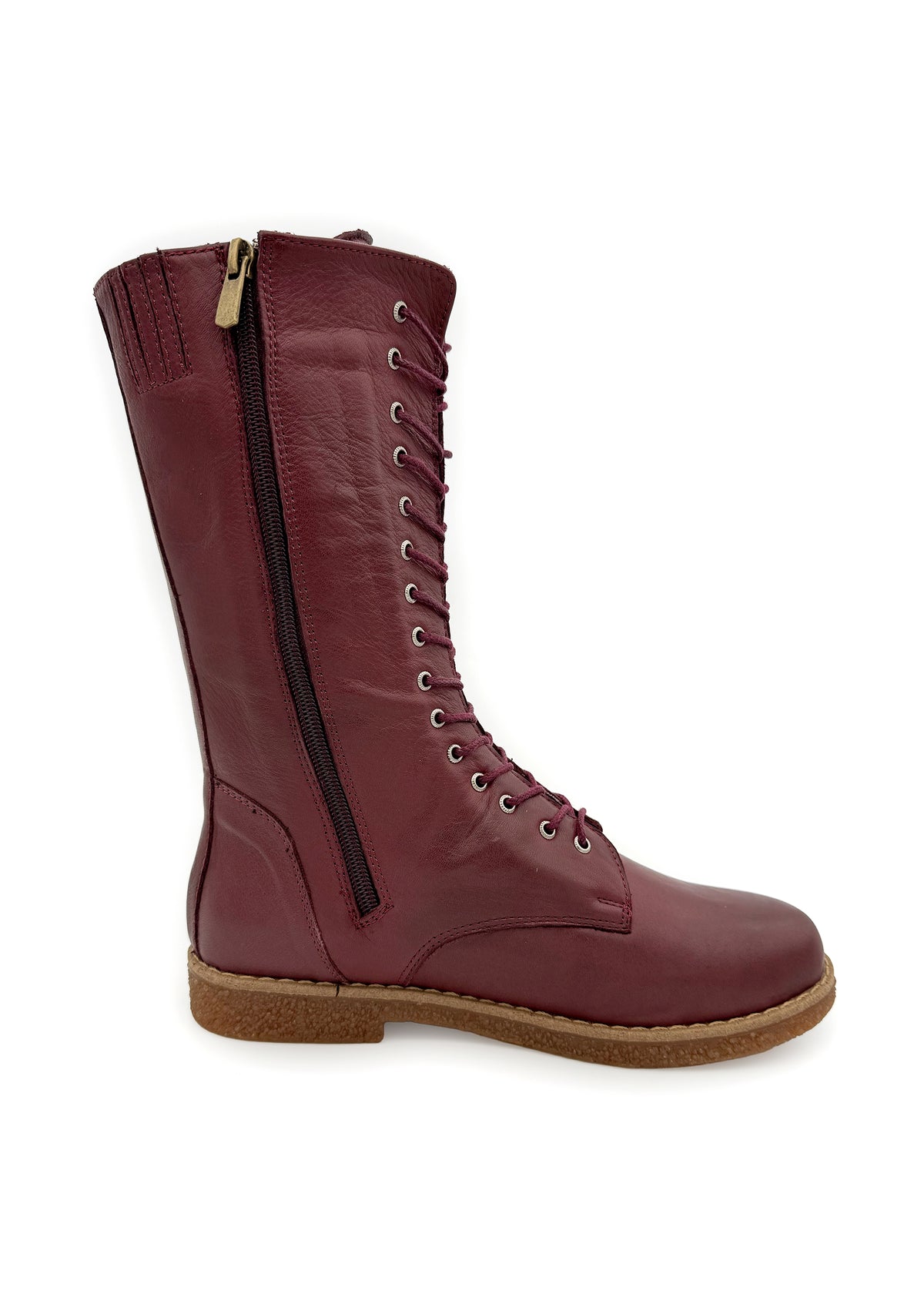 Long shaft combat boots - burgundy leather, low sole