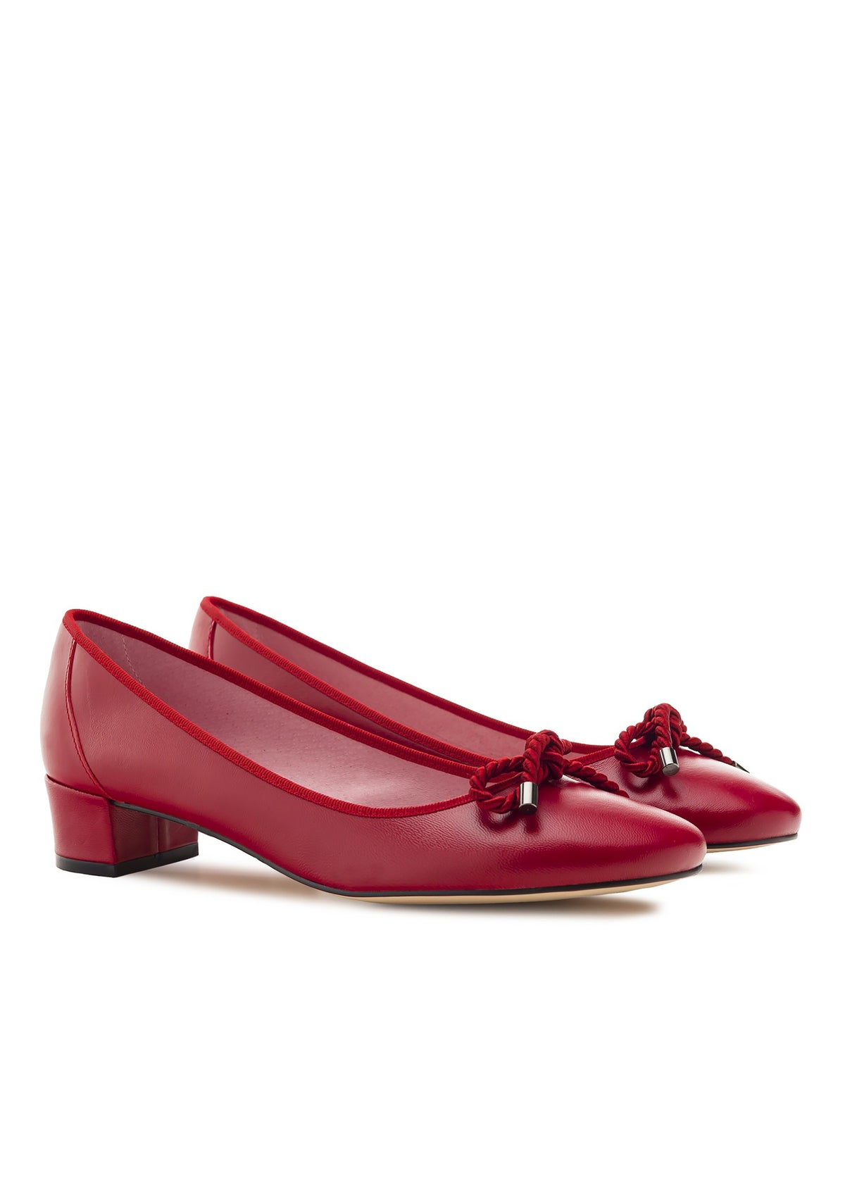 Low open-toe shoes with a studded heel - Lucia, red leather, bow decoration
