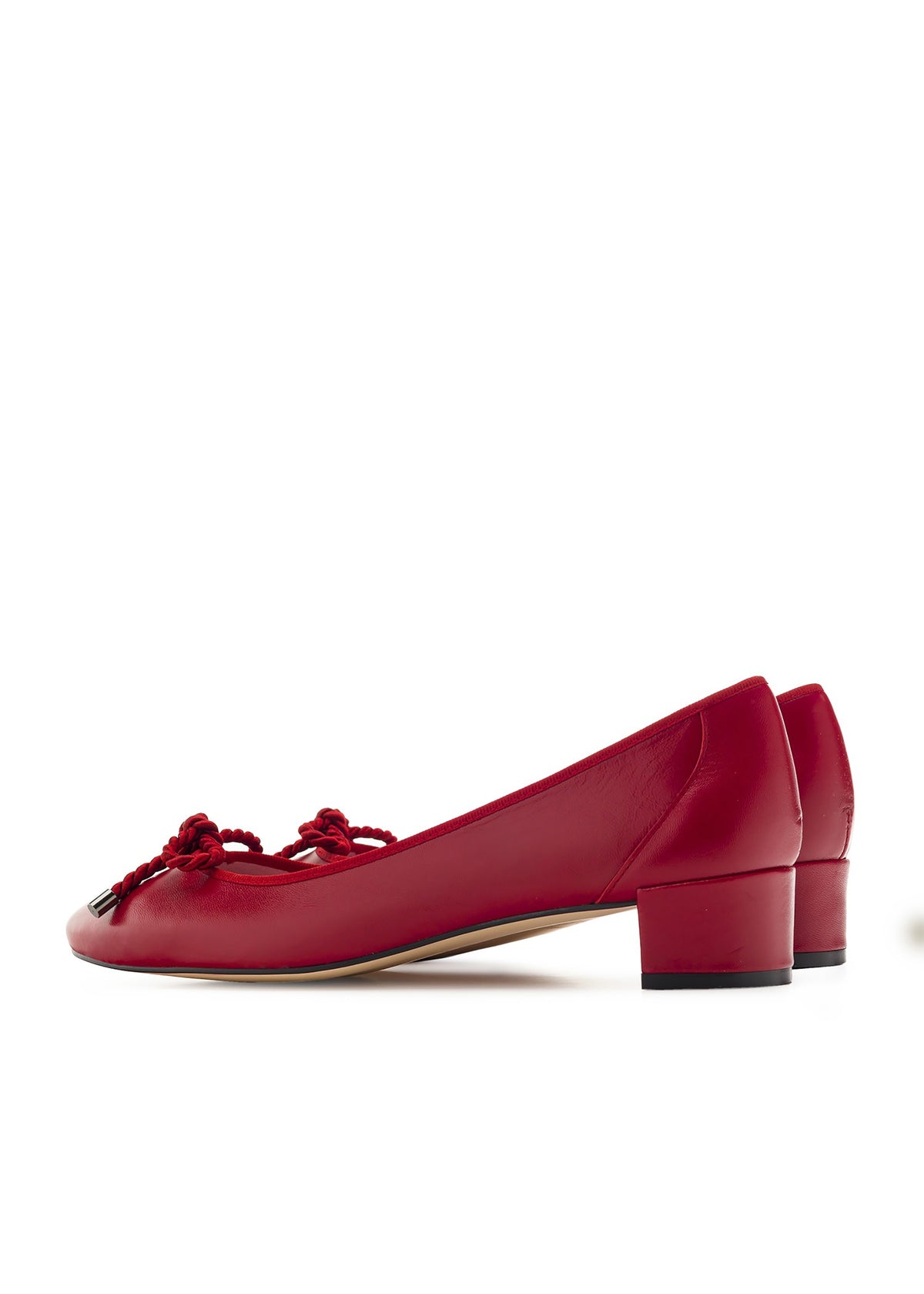 Low open-toe shoes with a studded heel - Lucia, red leather, bow decoration
