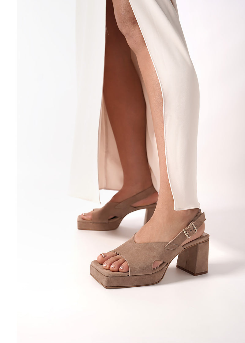 Sandals with stiletto heel and platform sole - Rita, beige nubuck leather