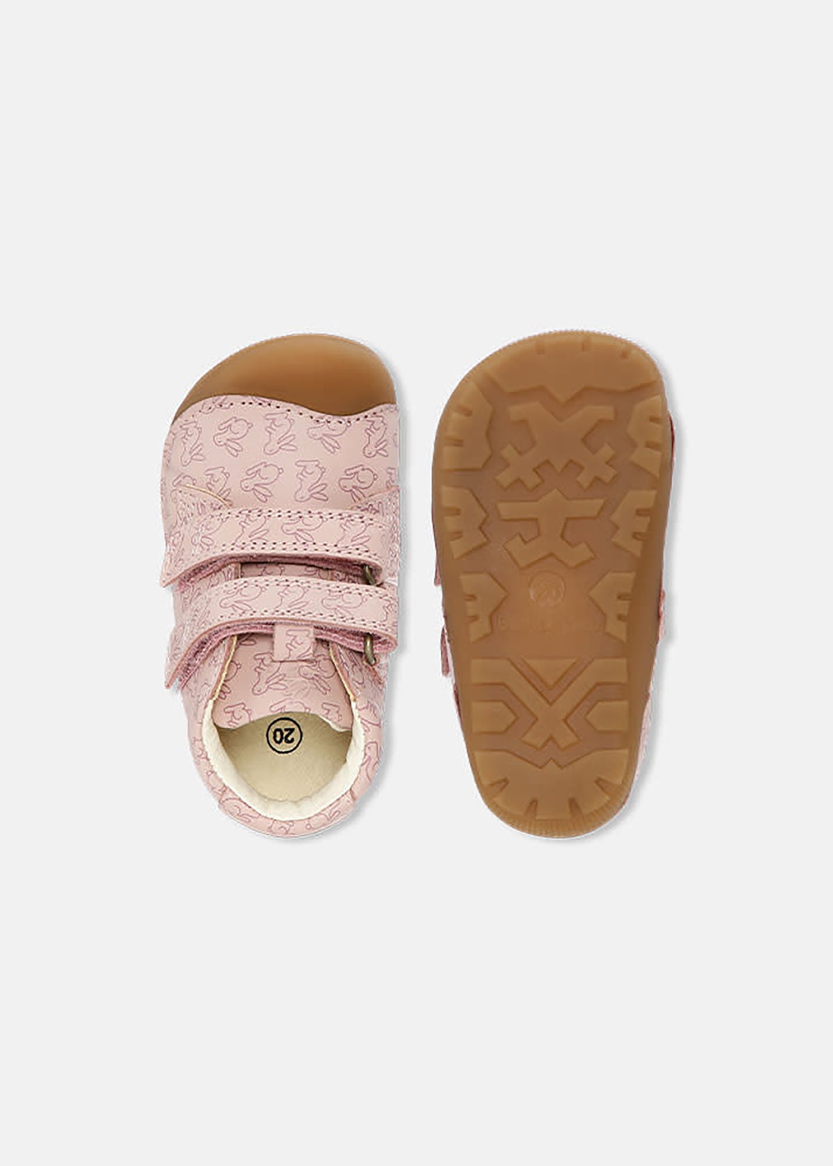 Children's first step shoes - Petit Strap, bunny pattern, pink, Bundgaard Zero Heel