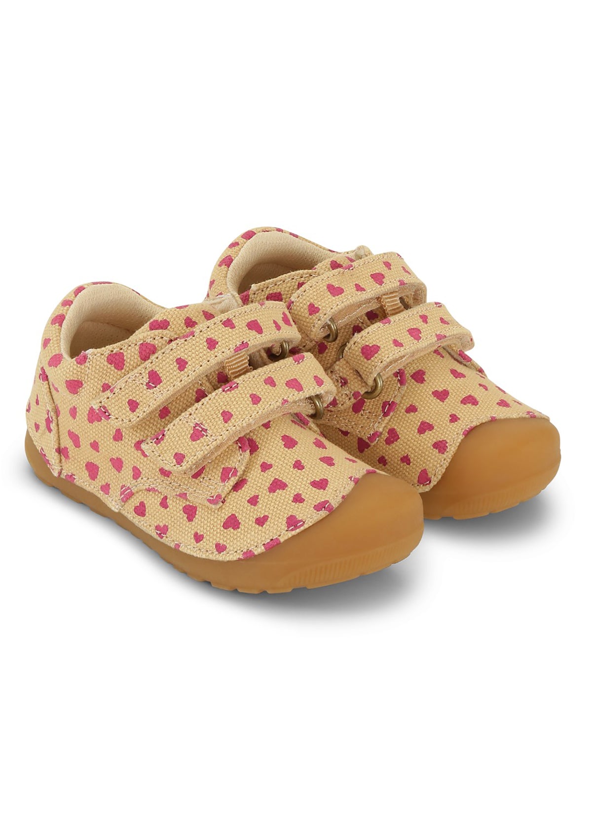 Children's first step shoes - Petit Strap Canvas, Beige Hearts, Bundgaard Zero Heel