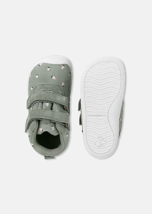 Barnens Moon-första steg-skor - Jordgubbar, grön läder, tex-membran, Bundgaard Zero Heel