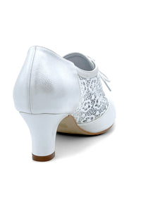 Heeled Walking Shoes - dimly shimmering pearl white, lace edges