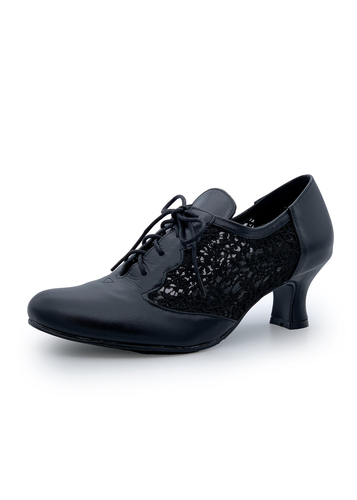 Party Walking skor med låg klack - svart läder, spetssidor