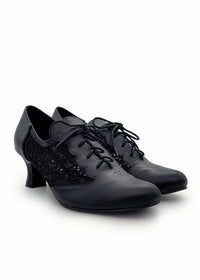 Party Walking skor med låg klack - svart läder, spetssidor