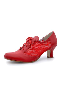Party Walking shoes with a low heel - red leather, lace sides