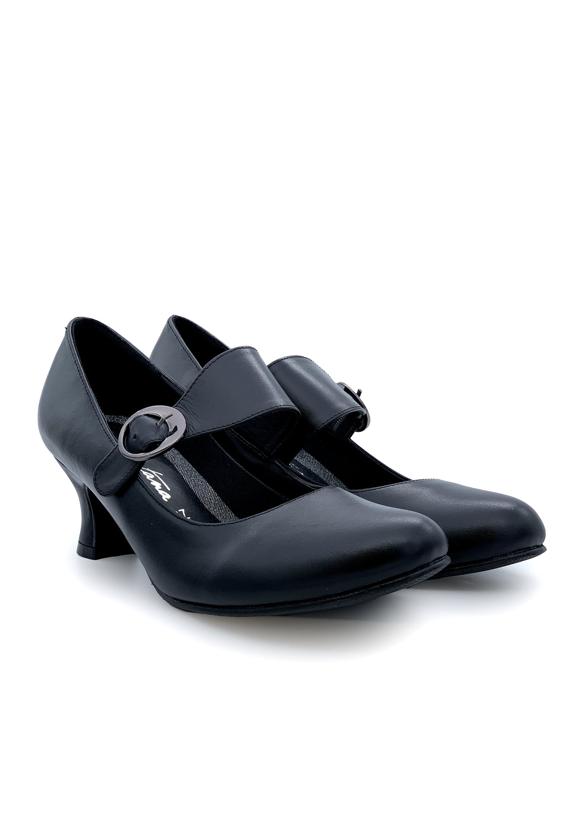 Skor med öppen tå med bred spänne - svart läder