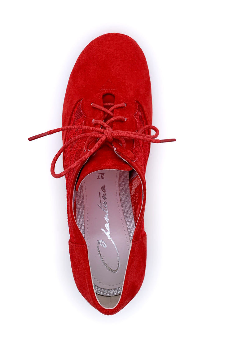 Party Walking skor - rött tyg, spets på sidorna, bred sula