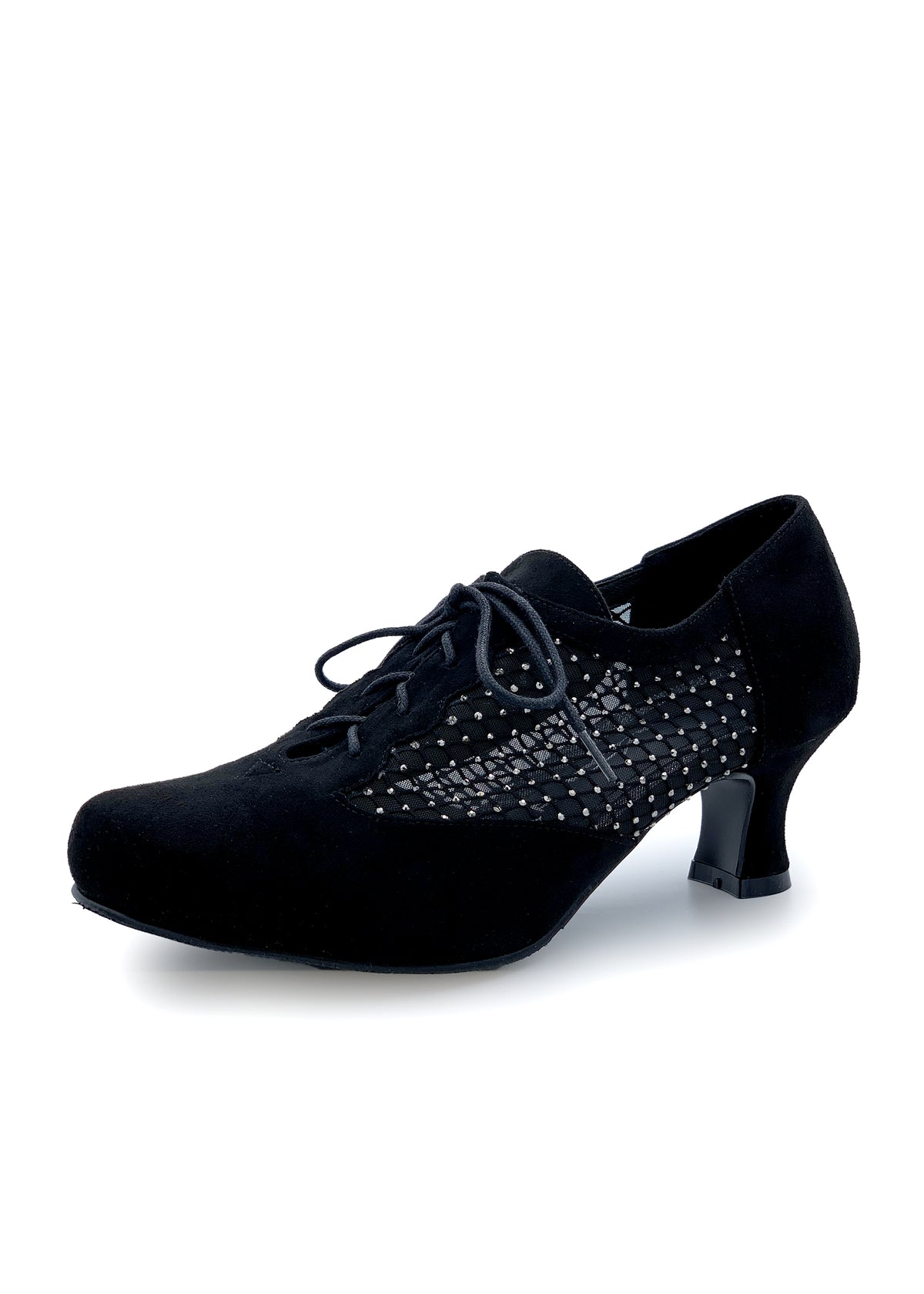 Party Walking shoes - black fabric, diamond mesh on the sides, wide lace