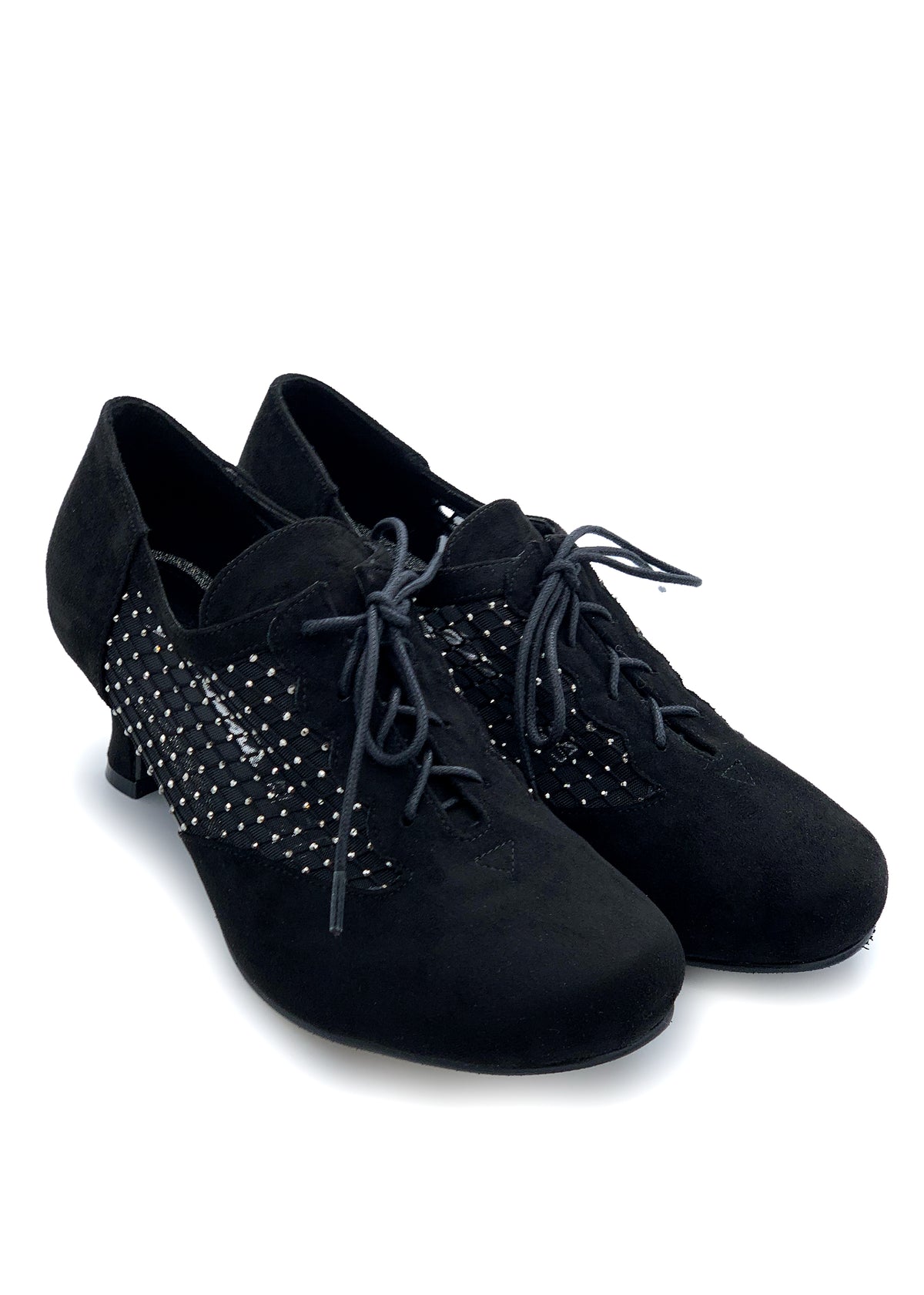 Party Walking shoes - black fabric, diamond mesh on the sides, wide lace
