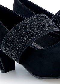 Skor med öppen tå och bred elastisk fåll - svart textil, bred spets