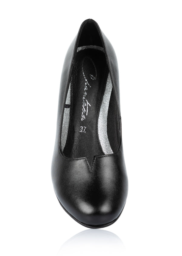 Pumps with low heel - black leather, v-cut