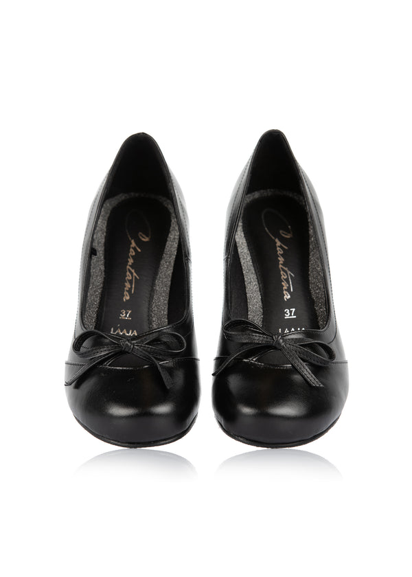 Pumps med rosett - svart läder, extra bred läst