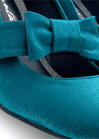 Open-toed shoes with bow straps - petrol blue satin