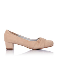 Women's open-toe shoes with a stiletto heel - nude fabric, knot decoration, wide lace