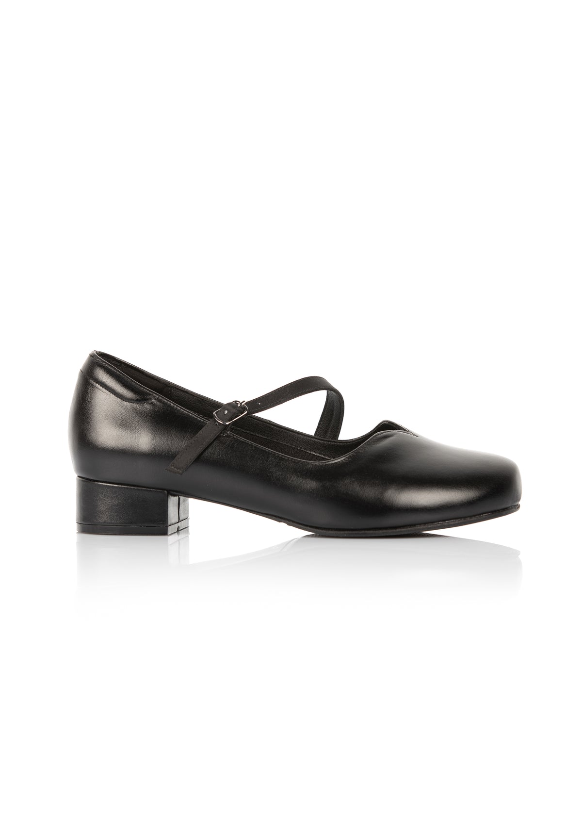 Pumps with a thin strap - black leather, wide width
