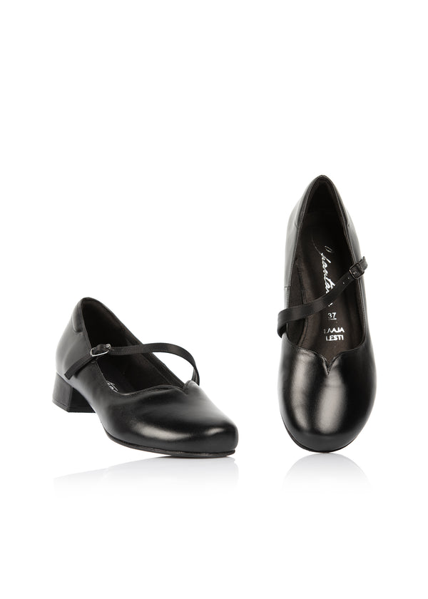Pumps with a thin slanting strap - black leather, extra wide fit
