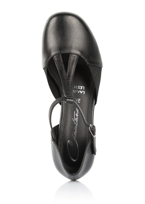 Pumps with ankle strap - black leather, wide fit