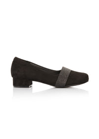 Pumps - black micro-suede fabric, glitter strap, wide last