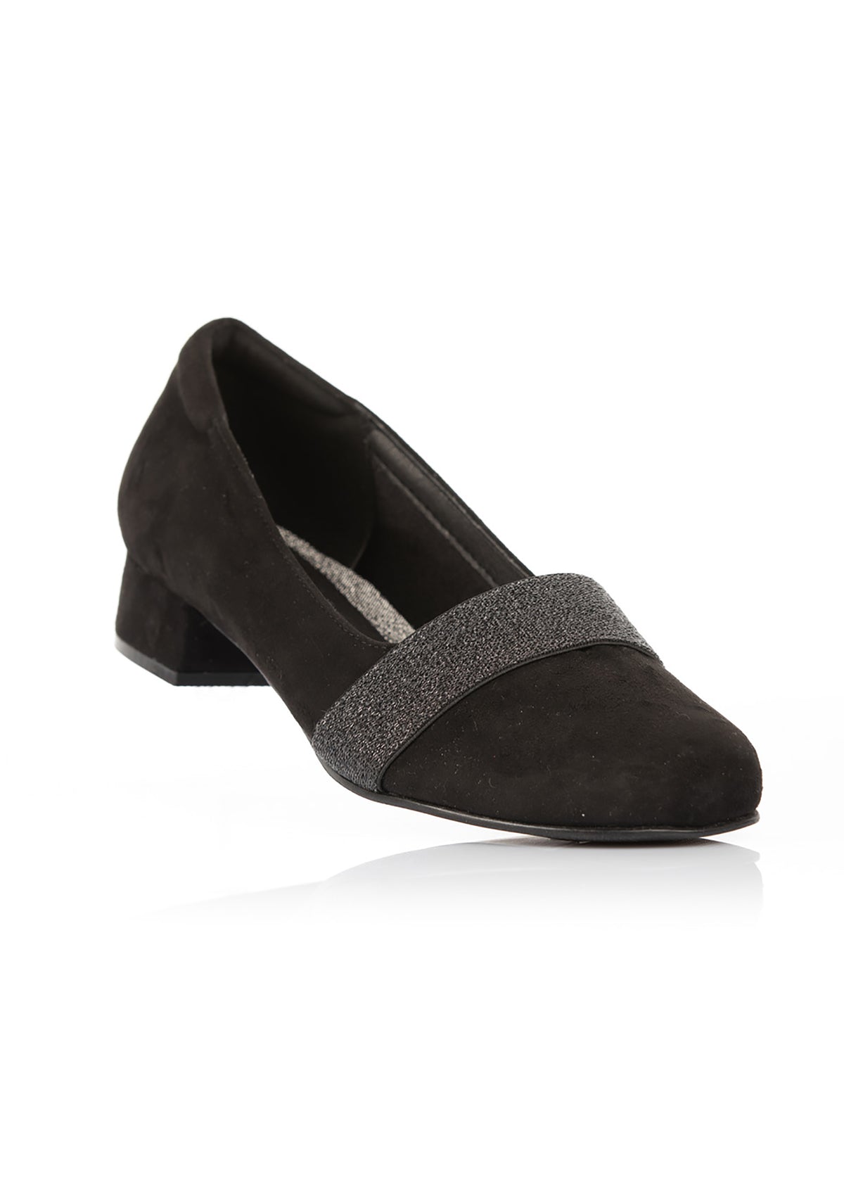 Pumps - black micro-suede fabric, glitter strap, wide last