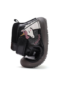 Lasten paljasjalkatennarit, välikausikengät - musta nahka, yksisarvinen