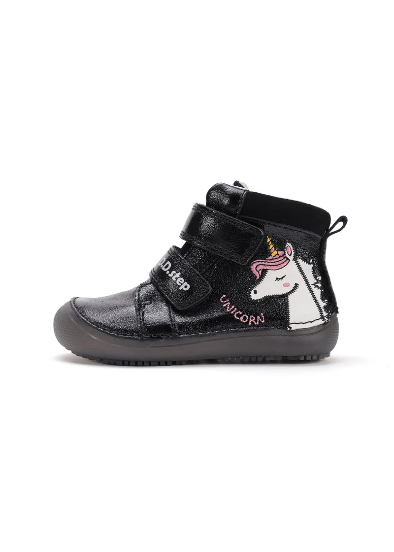 Lasten paljasjalkatennarit, välikausikengät - musta nahka, yksisarvinen