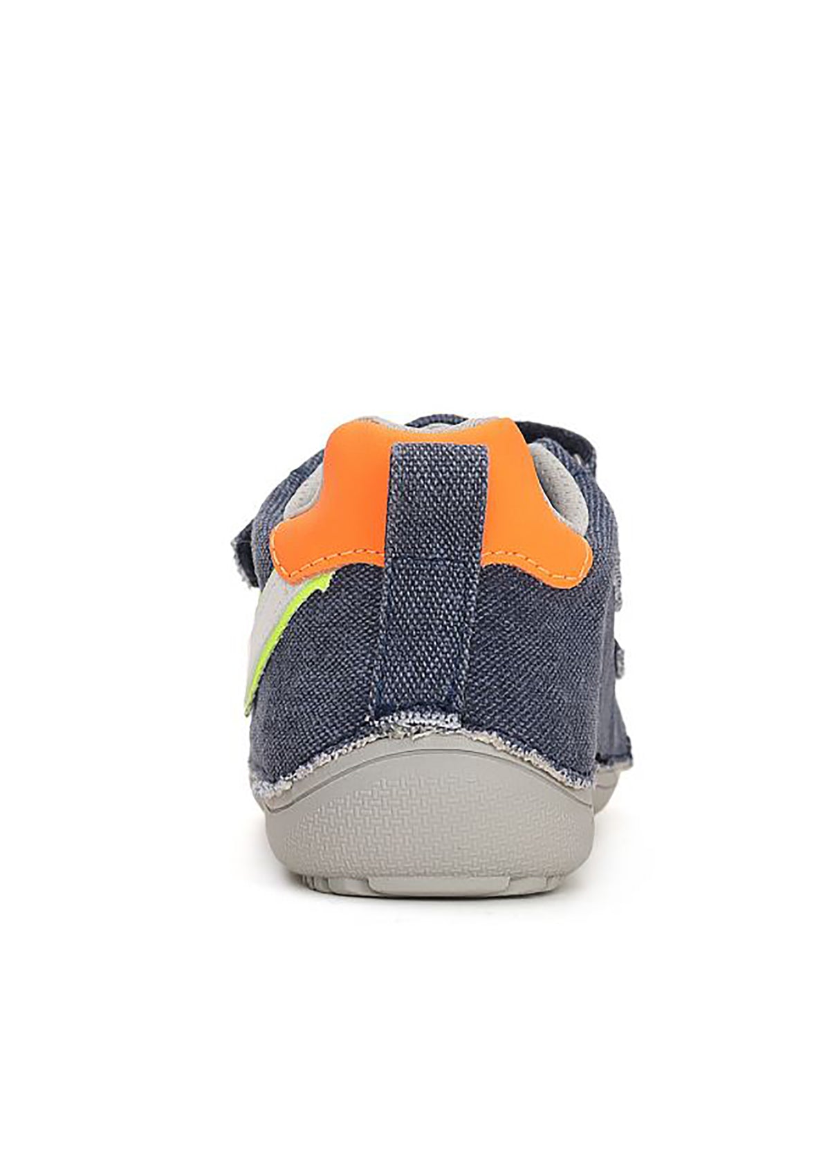 Children's barefoot sneakers - Denim blue canvas, orange-silver flash