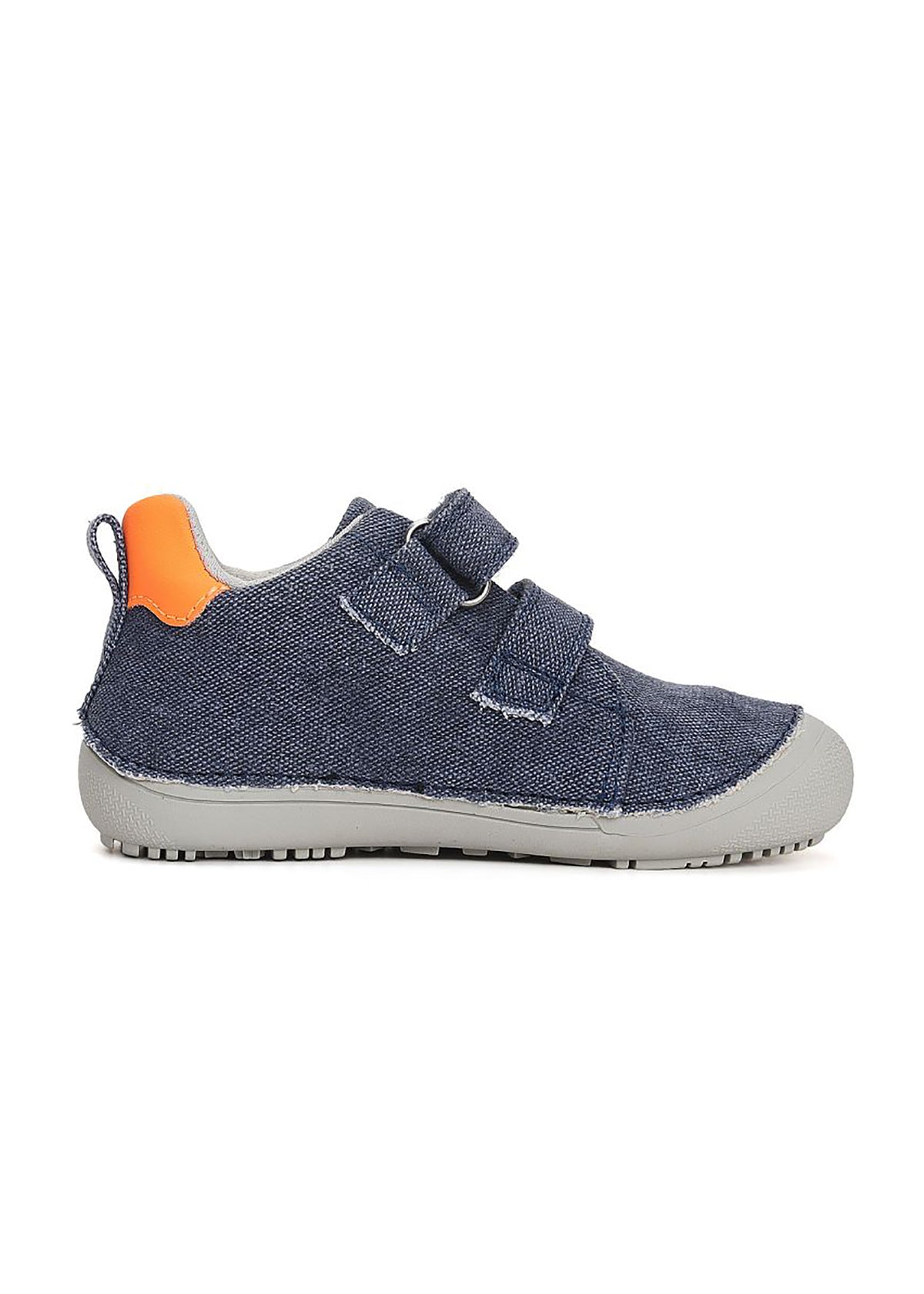 Children's barefoot sneakers - Denim blue canvas, orange-silver flash